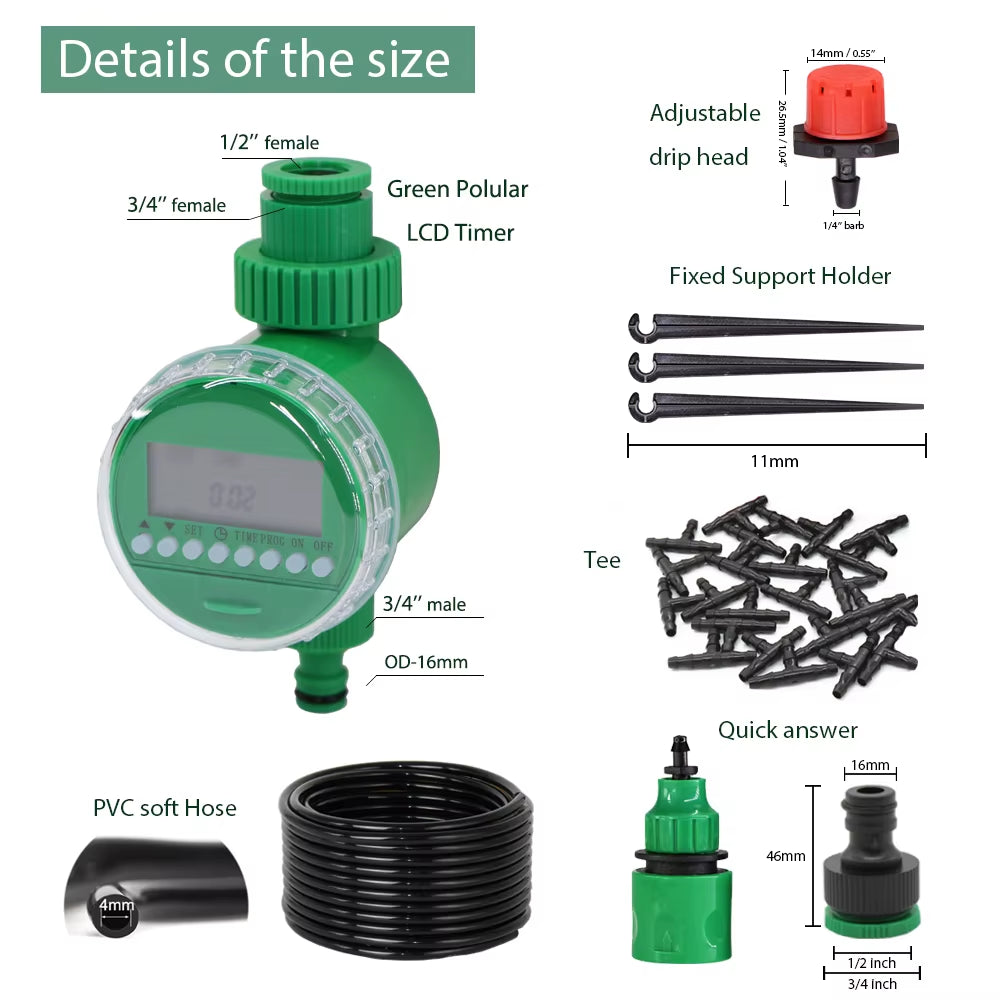 5-50M Automatic Garden Watering Adjustable Drip Irrigation System Digital Water Timer Controller 4/7Mm Micro Drop Kits