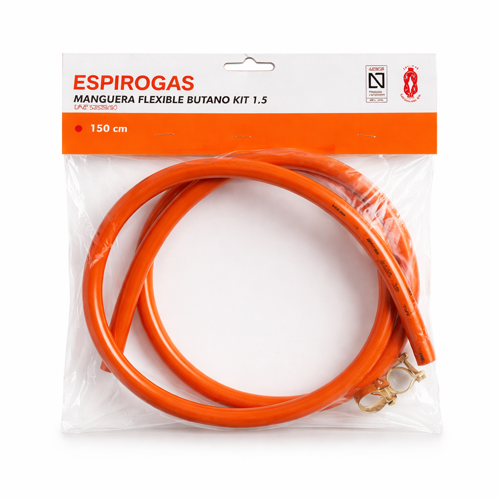 KIT Manguera Naranja de PVC para Butano y Propano Espirogas® 1.5mt - 9mm 3/8" + 2 abrazaderas