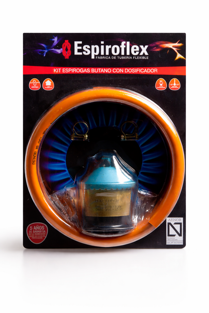 KIT Manguera Naranja de PVC para Butano y Propano Espirogas® 1.5mt - 9mm 3/8" Con Regulador + 2 abrazaderas