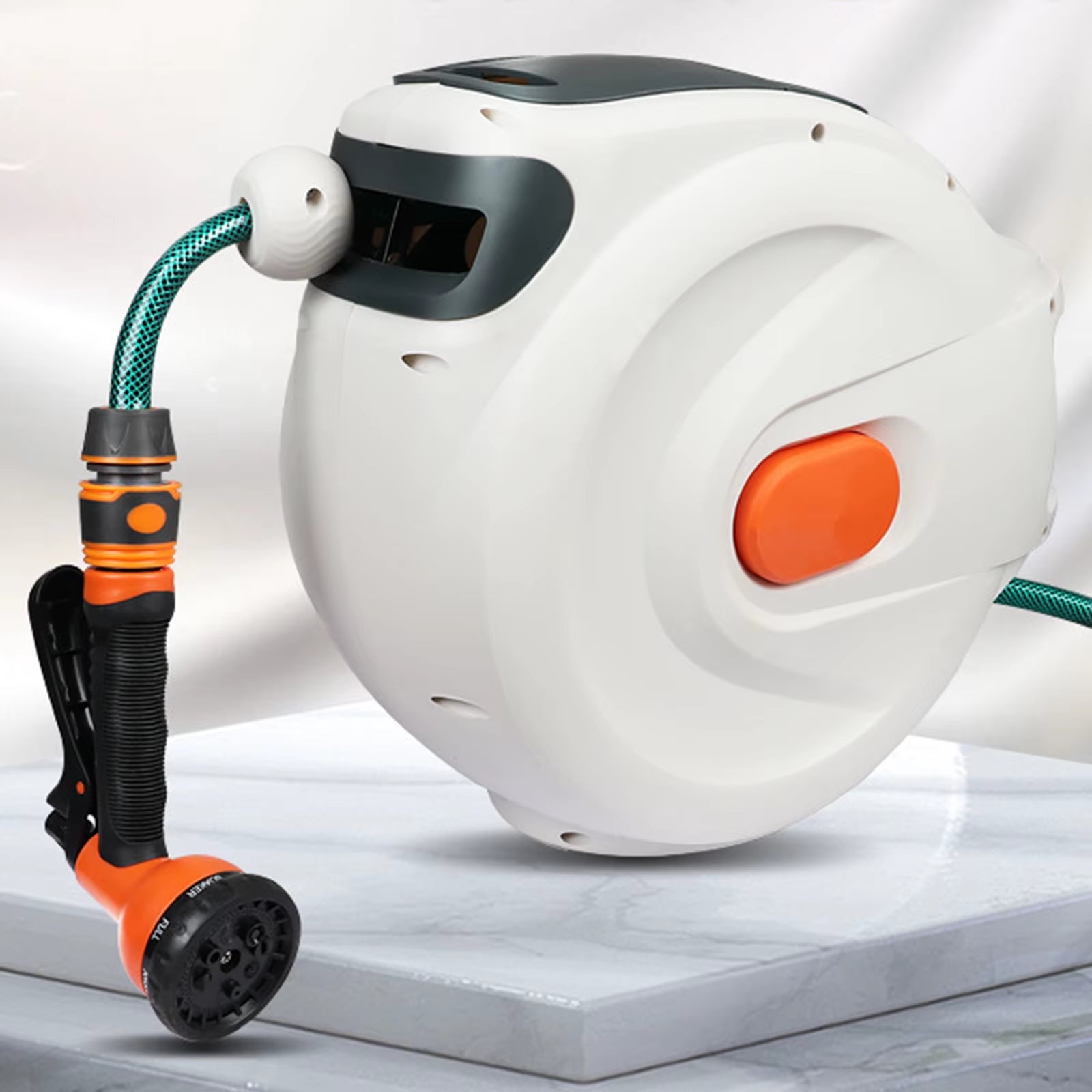 10/20M Automatic Rewind Hose Reel with 7 Pattern Hose Nozzle Water Hose Reel Slow Return System for Car Garden