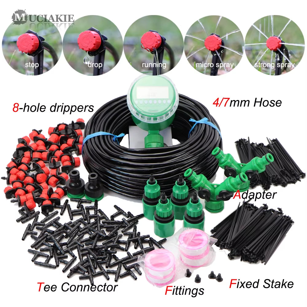 5-50M Automatic Garden Watering Adjustable Drip Irrigation System Digital Water Timer Controller 4/7Mm Micro Drop Kits