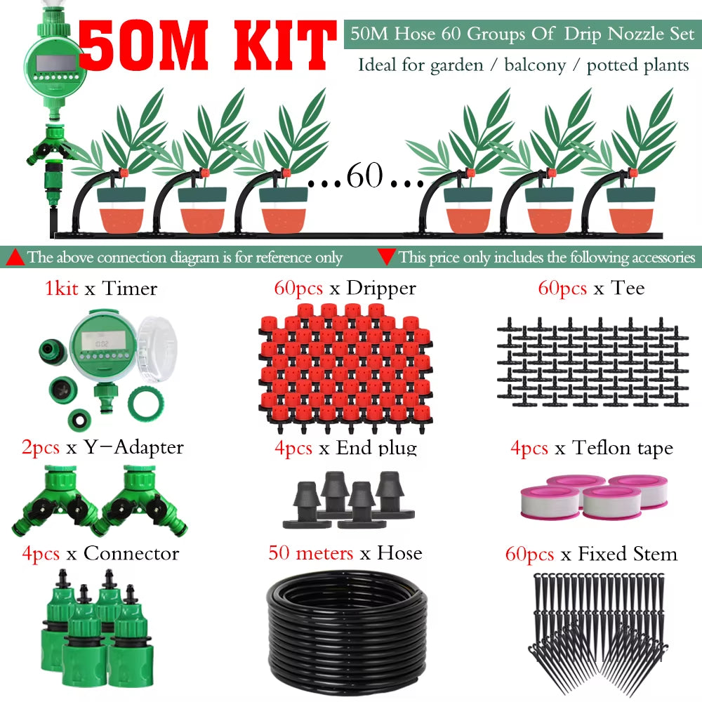 5-50M Automatic Garden Watering Adjustable Drip Irrigation System Digital Water Timer Controller 4/7Mm Micro Drop Kits